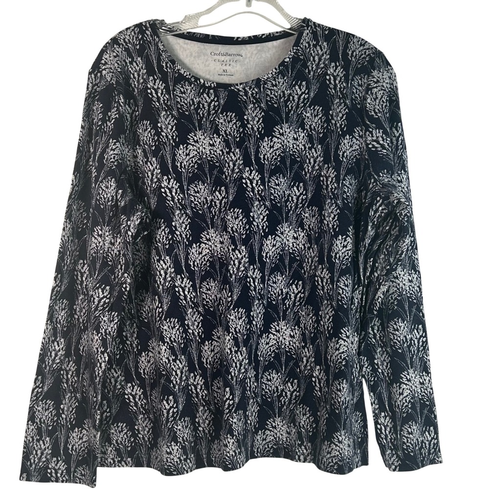 Croft & Barrow Womens XL Navy Blue White Wheat Print Cotton Long Sleeve Tee